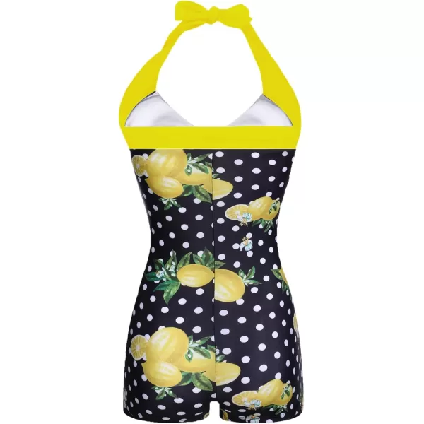 Ekouaer Womens One Piece Swimsuits Vintage Striped Skirt Bathing Suit Vintage Retro Push Up SwimwearLemon Polka Dot