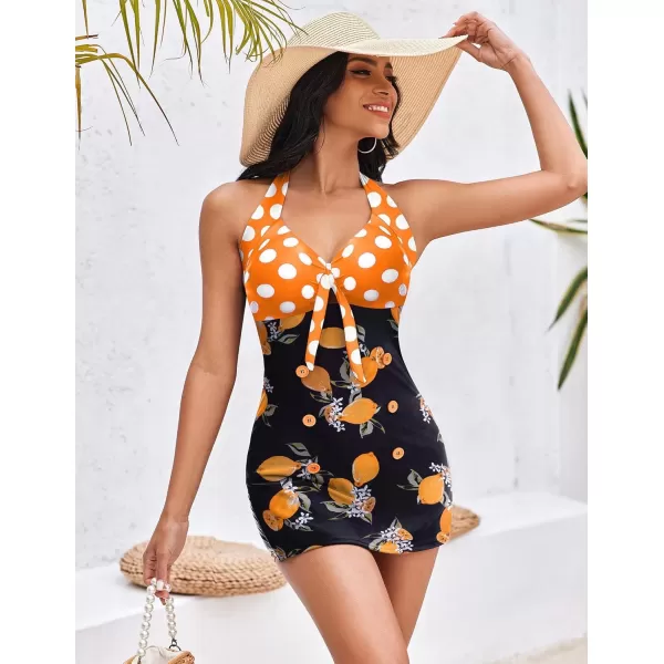 Ekouaer Womens One Piece Swimsuits Vintage Striped Skirt Bathing Suit Vintage Retro Push Up SwimwearLemon Print