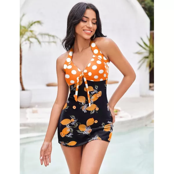 Ekouaer Womens One Piece Swimsuits Vintage Striped Skirt Bathing Suit Vintage Retro Push Up SwimwearLemon Print