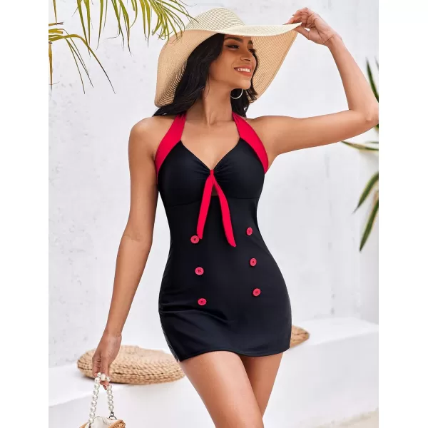 Ekouaer Womens One Piece Swimsuits Vintage Striped Skirt Bathing Suit Vintage Retro Push Up SwimwearNew Black