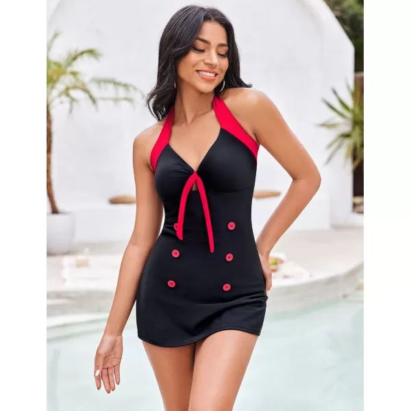 Ekouaer Womens One Piece Swimsuits Vintage Striped Skirt Bathing Suit Vintage Retro Push Up SwimwearNew Black