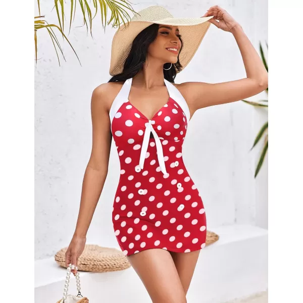 Ekouaer Womens One Piece Swimsuits Vintage Striped Skirt Bathing Suit Vintage Retro Push Up SwimwearNew Red Polka Dot