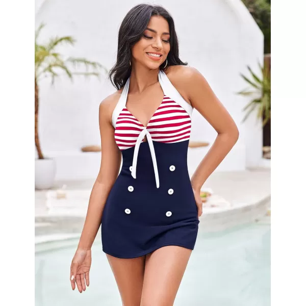 Ekouaer Womens One Piece Swimsuits Vintage Striped Skirt Bathing Suit Vintage Retro Push Up SwimwearRed