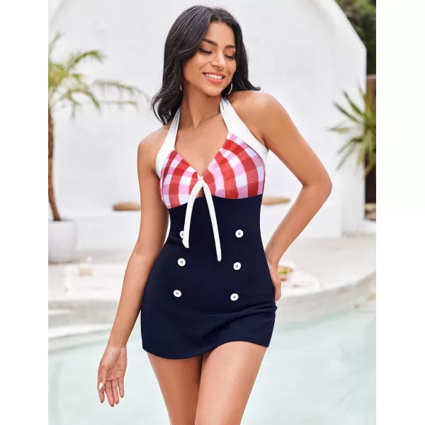 Ekouaer Womens One Piece Swimsuits Vintage Striped Skirt Bathing Suit Vintage Retro Push Up SwimwearRed Plaid