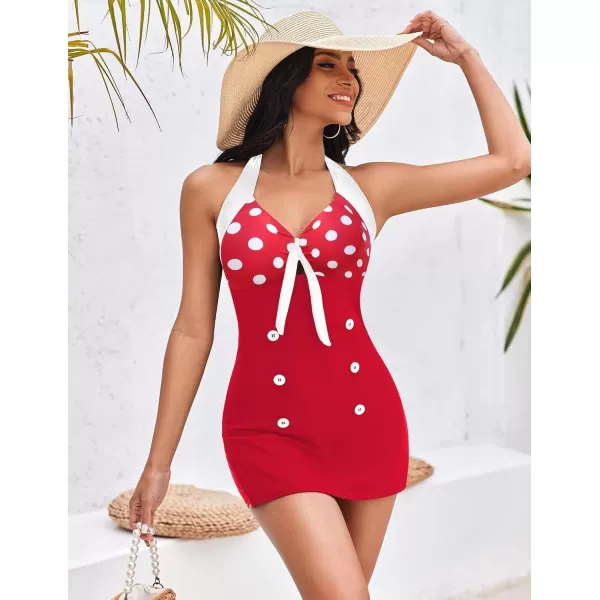 Ekouaer Womens One Piece Swimsuits Vintage Striped Skirt Bathing Suit Vintage Retro Push Up SwimwearRed Polka Dot 2