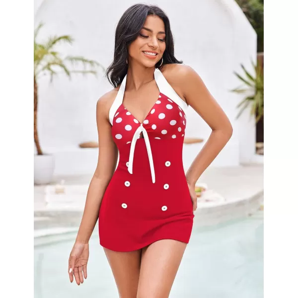 Ekouaer Womens One Piece Swimsuits Vintage Striped Skirt Bathing Suit Vintage Retro Push Up SwimwearRed Polka Dot 2