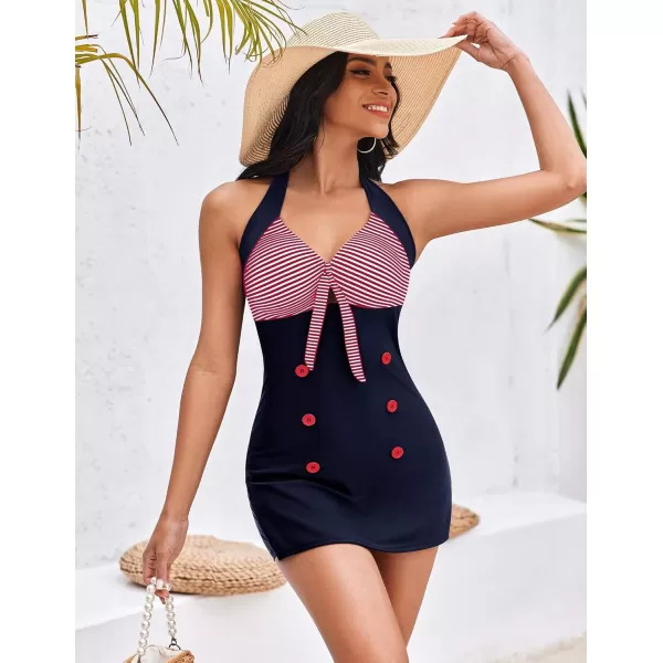 Ekouaer Womens One Piece Swimsuits Vintage Striped Skirt Bathing Suit Vintage Retro Push Up SwimwearRed2