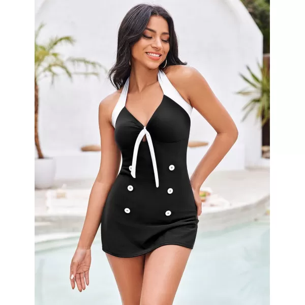 Ekouaer Womens One Piece Swimsuits Vintage Striped Skirt Bathing Suit Vintage Retro Push Up SwimwearSolid Black