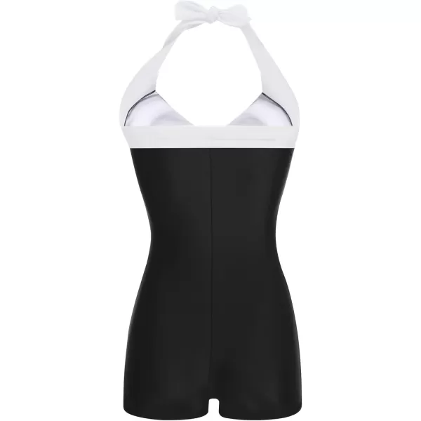 Ekouaer Womens One Piece Swimsuits Vintage Striped Skirt Bathing Suit Vintage Retro Push Up SwimwearSolid Black