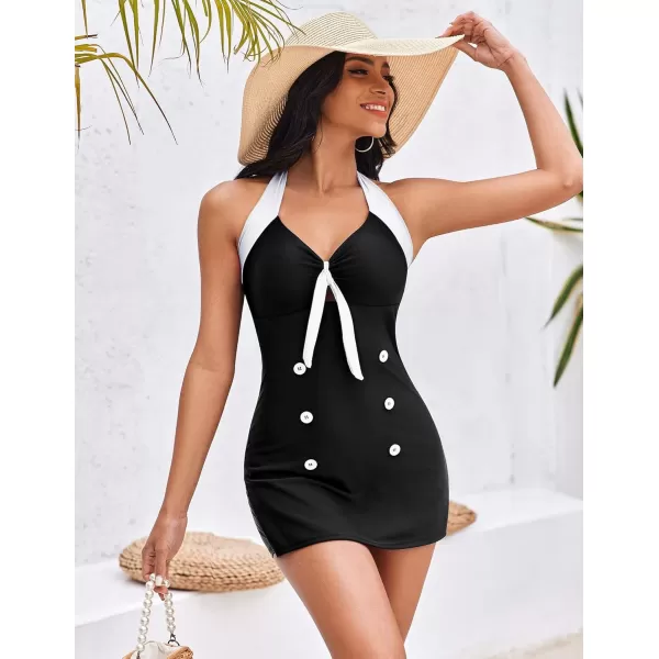 Ekouaer Womens One Piece Swimsuits Vintage Striped Skirt Bathing Suit Vintage Retro Push Up SwimwearSolid Black