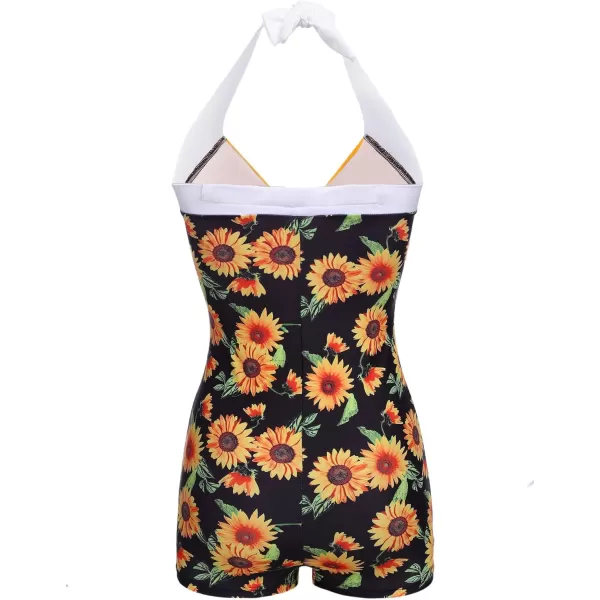 Ekouaer Womens One Piece Swimsuits Vintage Striped Skirt Bathing Suit Vintage Retro Push Up SwimwearSunflower