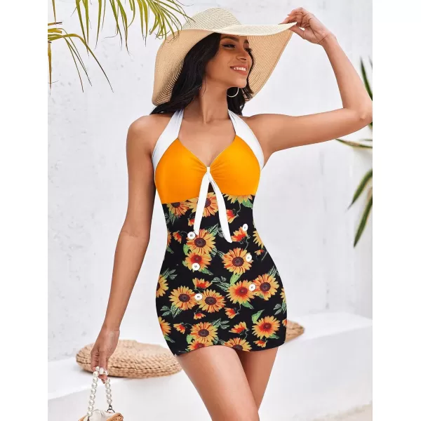 Ekouaer Womens One Piece Swimsuits Vintage Striped Skirt Bathing Suit Vintage Retro Push Up SwimwearSunflower