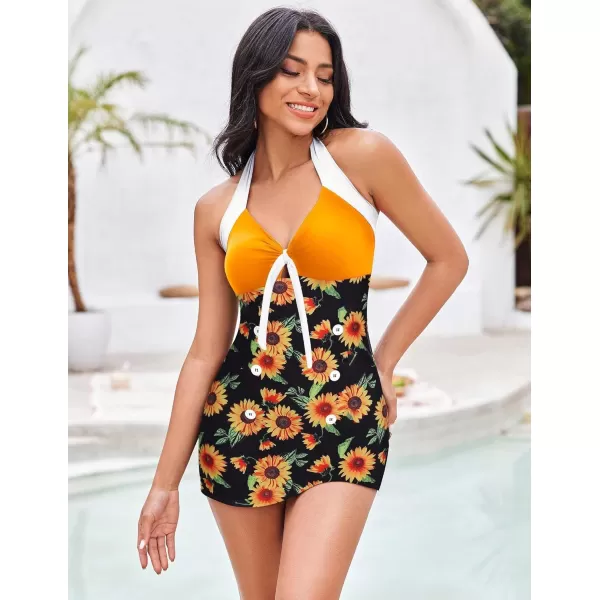 Ekouaer Womens One Piece Swimsuits Vintage Striped Skirt Bathing Suit Vintage Retro Push Up SwimwearSunflower