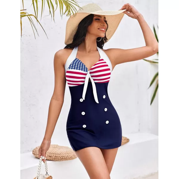 Ekouaer Womens One Piece Swimsuits Vintage Striped Skirt Bathing Suit Vintage Retro Push Up SwimwearUsa Flag 2