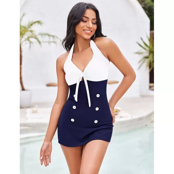 Ekouaer Womens One Piece Swimsuits Vintage Striped Skirt Bathing Suit Vintage Retro Push Up SwimwearWhite