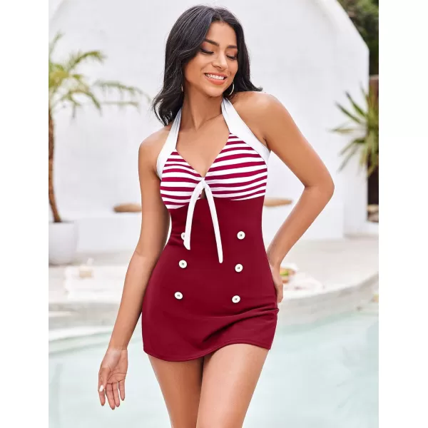 Ekouaer Womens One Piece Swimsuits Vintage Striped Skirt Bathing Suit Vintage Retro Push Up SwimwearWine Red Stripes