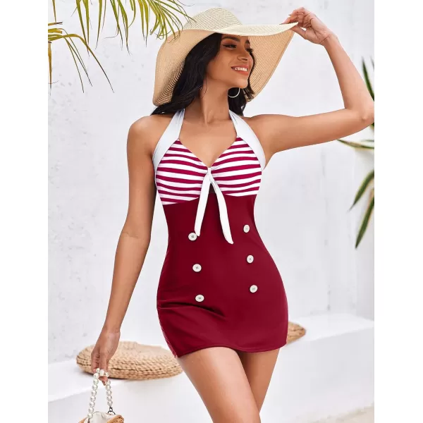 Ekouaer Womens One Piece Swimsuits Vintage Striped Skirt Bathing Suit Vintage Retro Push Up SwimwearWine Red Stripes