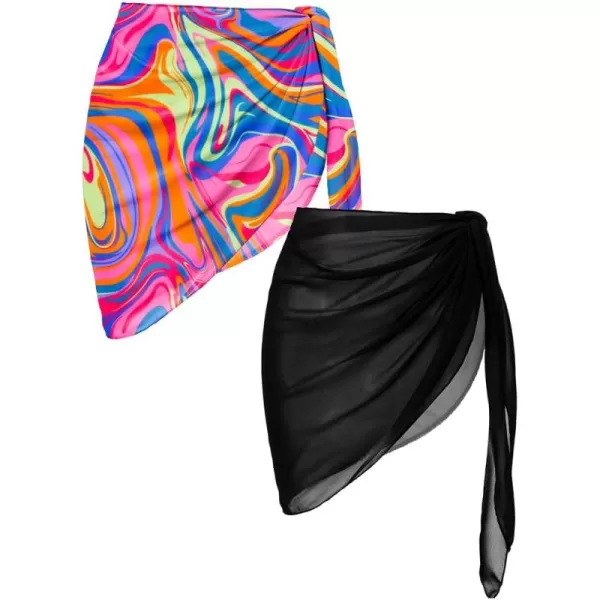 Ekouaer 2 Pieces Women Beach Sarongs Sheer Cover Ups Chiffon Bikini Wrap Skirt for Swimwear SXXLBlack Pink Art Stripe