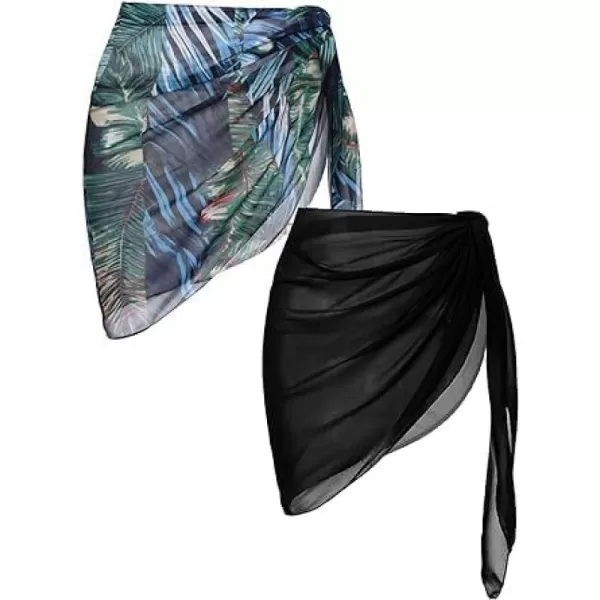 Ekouaer 2 Pieces Women Beach Sarongs Sheer Cover Ups Chiffon Bikini Wrap Skirt for Swimwear SXXLBlackDark Green Leaves