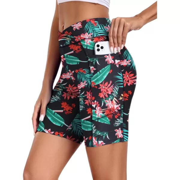 Ekouaer Womens 85quot Board Shorts High Waisted Swimsuit Bottoms Cross Waist Beach Surf Swimwear with Pocket S3XLRed Flowers Green Leaves