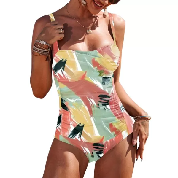 Ekouaer Womens One Piece Swimsuit Ruched Tummy Control Bathing Suits Vintage Retro Push Up SwimwearArtistic Colorful