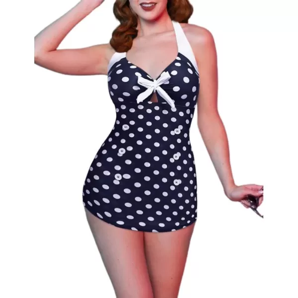 Ekouaer Womens One Piece Swimsuits Vintage Striped Skirt Bathing Suit Vintage Retro Push Up SwimwearBlack Polka Dot