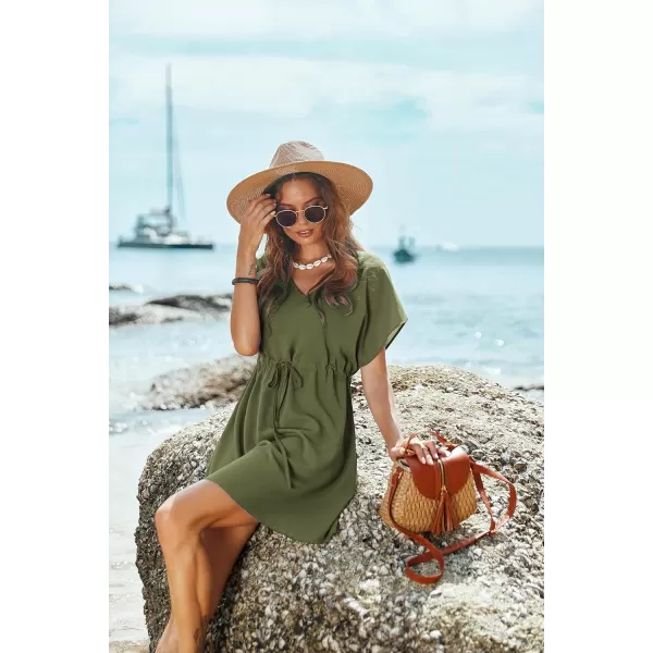 Ekouaer Womens Cover Ups Casual Swimsuit Coverups Flowy Tie Waist Beach Cover Up DressArmy Green