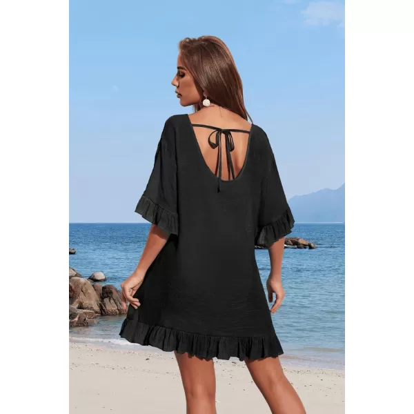 Ekouaer Womens Swimsuit Coverup V Neck Bathing Suit Beach Dress Sexy Ruffle Sleeves Bikini Cover Up Loose Top XS3XL01 Black