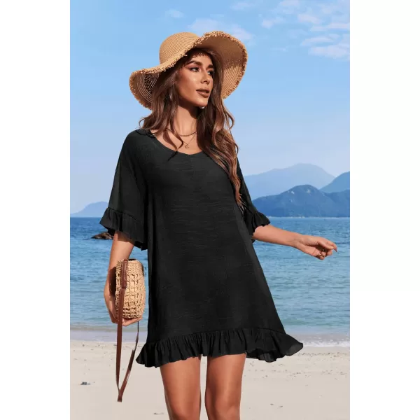 Ekouaer Womens Swimsuit Coverup V Neck Bathing Suit Beach Dress Sexy Ruffle Sleeves Bikini Cover Up Loose Top XS3XL01 Black