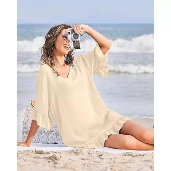 Ekouaer Womens Swimsuit Coverup V Neck Bathing Suit Beach Dress Sexy Ruffle Sleeves Bikini Cover Up Loose Top XS3XLA Khaki