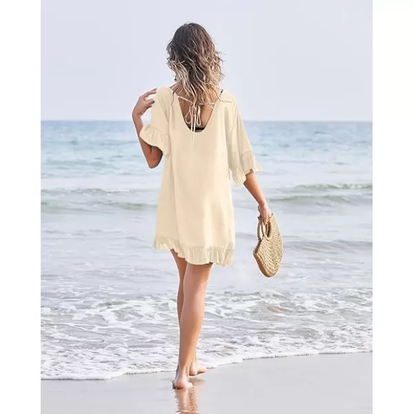 Ekouaer Womens Swimsuit Coverup V Neck Bathing Suit Beach Dress Sexy Ruffle Sleeves Bikini Cover Up Loose Top XS3XLA Khaki