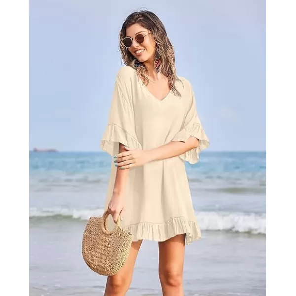 Ekouaer Womens Swimsuit Coverup V Neck Bathing Suit Beach Dress Sexy Ruffle Sleeves Bikini Cover Up Loose Top XS3XLA Khaki