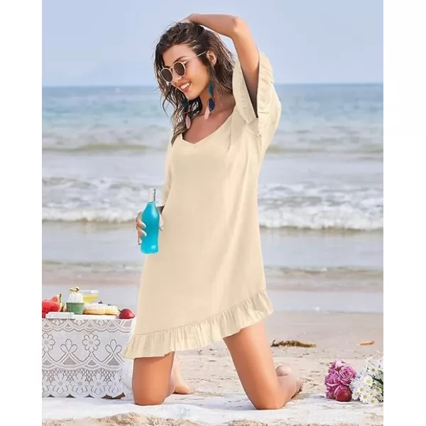 Ekouaer Womens Swimsuit Coverup V Neck Bathing Suit Beach Dress Sexy Ruffle Sleeves Bikini Cover Up Loose Top XS3XLA Khaki