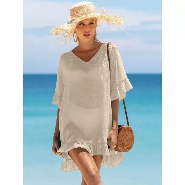 Ekouaer Womens Swimsuit Coverup V Neck Bathing Suit Beach Dress Sexy Ruffle Sleeves Bikini Cover Up Loose Top XS3XLBeige