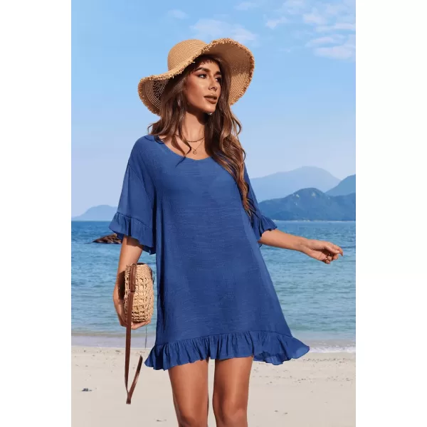 Ekouaer Womens Swimsuit Coverup V Neck Bathing Suit Beach Dress Sexy Ruffle Sleeves Bikini Cover Up Loose Top XS3XLBlue