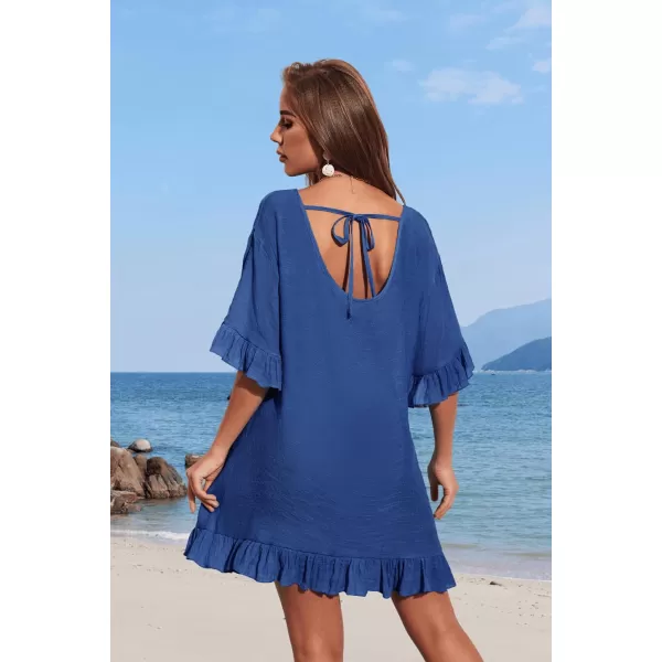 Ekouaer Womens Swimsuit Coverup V Neck Bathing Suit Beach Dress Sexy Ruffle Sleeves Bikini Cover Up Loose Top XS3XLBlue