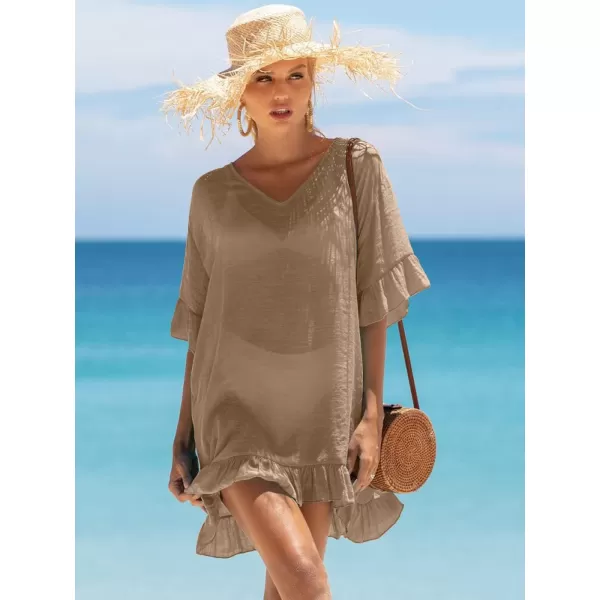 Ekouaer Womens Swimsuit Coverup V Neck Bathing Suit Beach Dress Sexy Ruffle Sleeves Bikini Cover Up Loose Top XS3XLKhaki