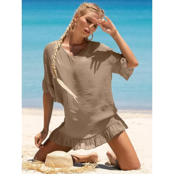 Ekouaer Womens Swimsuit Coverup V Neck Bathing Suit Beach Dress Sexy Ruffle Sleeves Bikini Cover Up Loose Top XS3XLKhaki