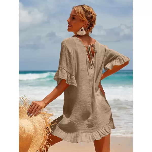 Ekouaer Womens Swimsuit Coverup V Neck Bathing Suit Beach Dress Sexy Ruffle Sleeves Bikini Cover Up Loose Top XS3XLKhaki