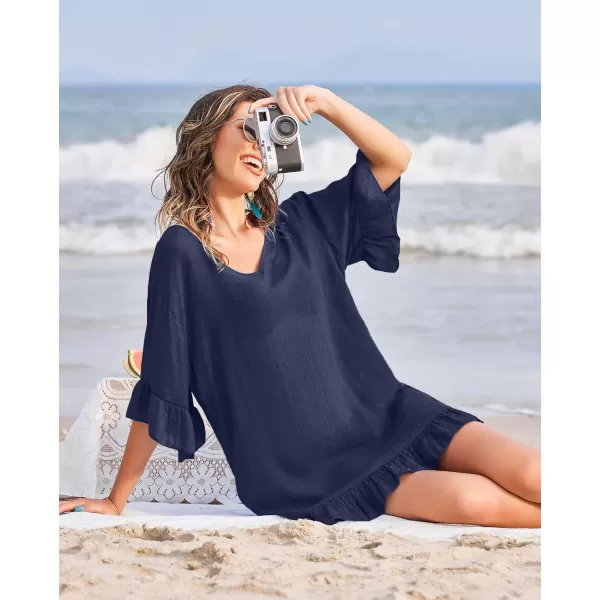 Ekouaer Womens Swimsuit Coverup V Neck Bathing Suit Beach Dress Sexy Ruffle Sleeves Bikini Cover Up Loose Top XS3XLNavy