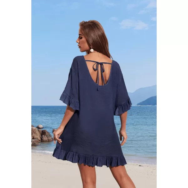 Ekouaer Womens Swimsuit Coverup V Neck Bathing Suit Beach Dress Sexy Ruffle Sleeves Bikini Cover Up Loose Top XS3XLNavy