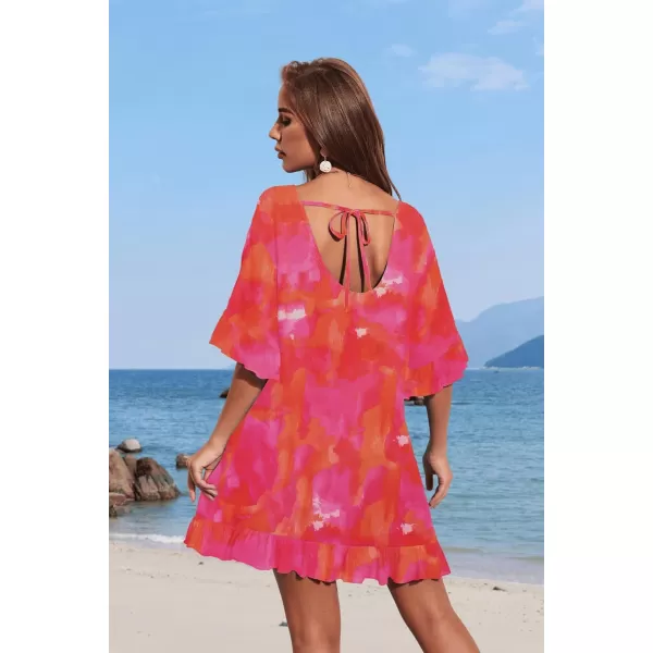 Ekouaer Womens Swimsuit Coverup V Neck Bathing Suit Beach Dress Sexy Ruffle Sleeves Bikini Cover Up Loose Top XS3XLRose Tie Dye