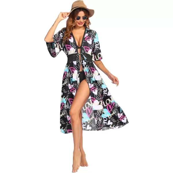 Ekouaer Womens Swimwear Cover Ups Sexy Open Front Beach Bikini Swimsuit Kimono Cardigan Cover Up Long Flowy BeachwearLove Print