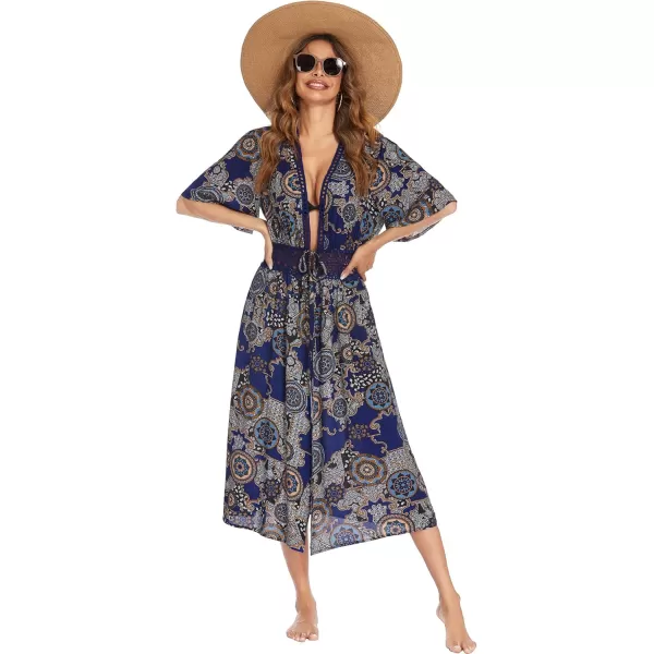 Ekouaer Womens Swimwear Cover Ups Sexy Open Front Beach Bikini Swimsuit Kimono Cardigan Cover Up Long Flowy BeachwearRound Print