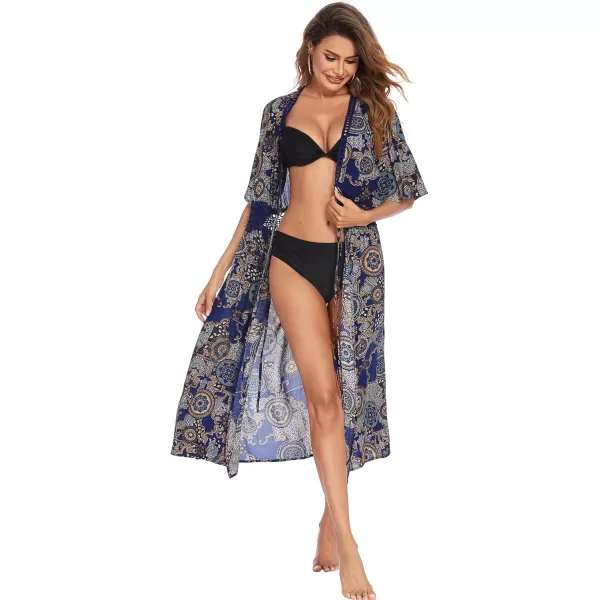 Ekouaer Womens Swimwear Cover Ups Sexy Open Front Beach Bikini Swimsuit Kimono Cardigan Cover Up Long Flowy BeachwearRound Print