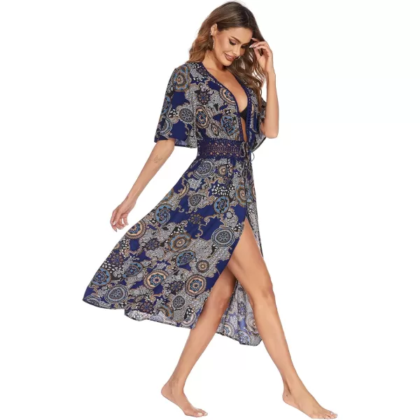 Ekouaer Womens Swimwear Cover Ups Sexy Open Front Beach Bikini Swimsuit Kimono Cardigan Cover Up Long Flowy BeachwearRound Print