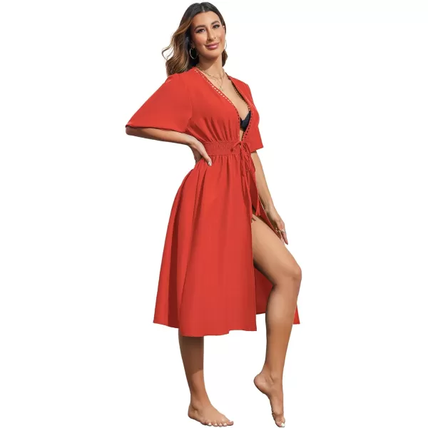 Ekouaer Womens Swimwear Cover Ups Sexy Open Front Beach Bikini Swimsuit Kimono Cardigan Cover Up Long Flowy BeachwearZ Red