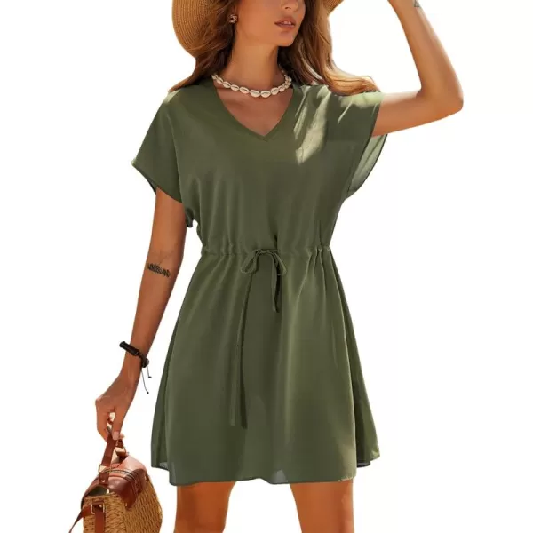 Ekouaer Womens Cover Ups Casual Swimsuit Coverups Flowy Tie Waist Beach Cover Up DressArmy Green