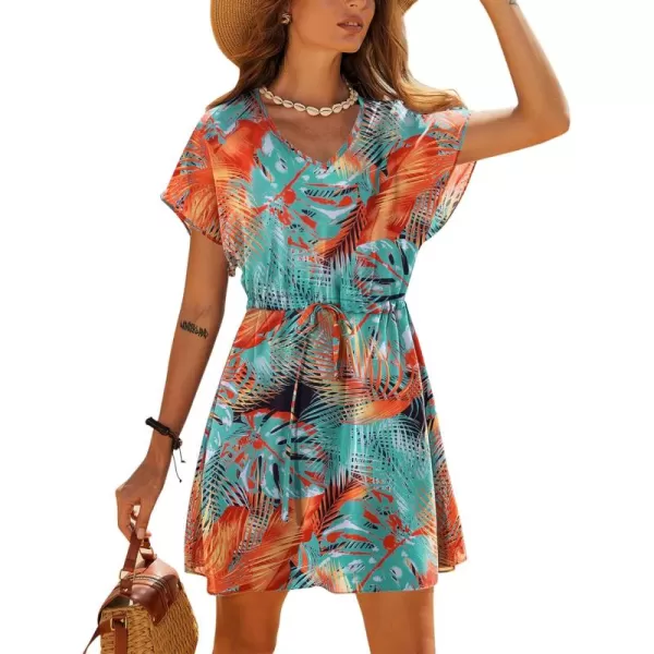 Ekouaer Womens Cover Ups Casual Swimsuit Coverups Flowy Tie Waist Beach Cover Up DressTropical Print