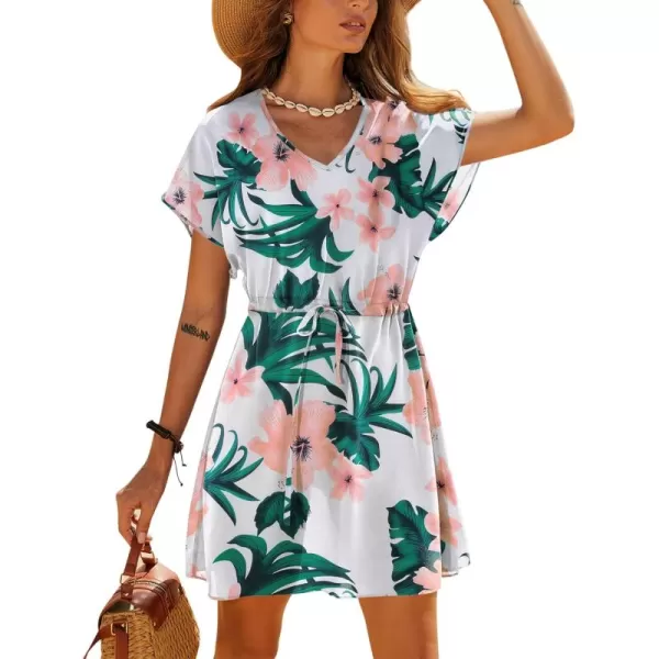 Ekouaer Womens Cover Ups Casual Swimsuit Coverups Flowy Tie Waist Beach Cover Up DressWhite Pink Floral